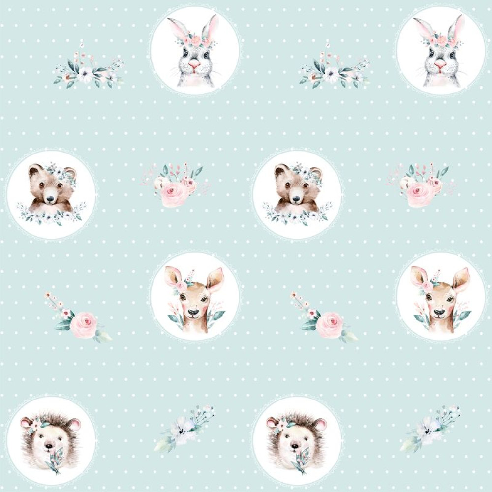 "Watercolor forrest animals" gyerek tapéta, erdő állatai, pöttyös, menta zöld, nagy mintás