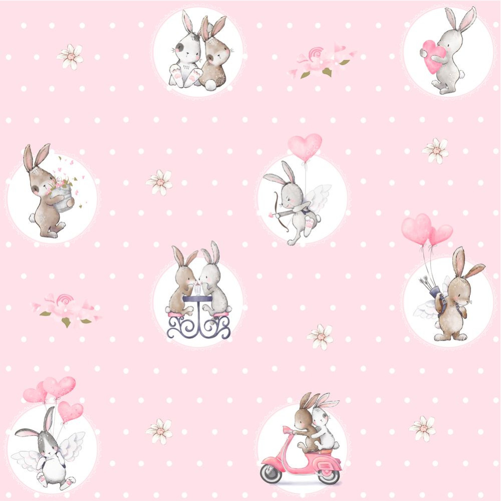 "Bunny Love" tapéta, rózsaszín hátteres, babaszobába