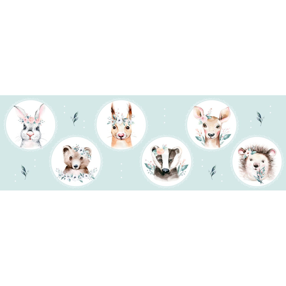 "Watercolor forrest animals" mentazöld erdő állatai tapétaposzter 3 m x 1 m