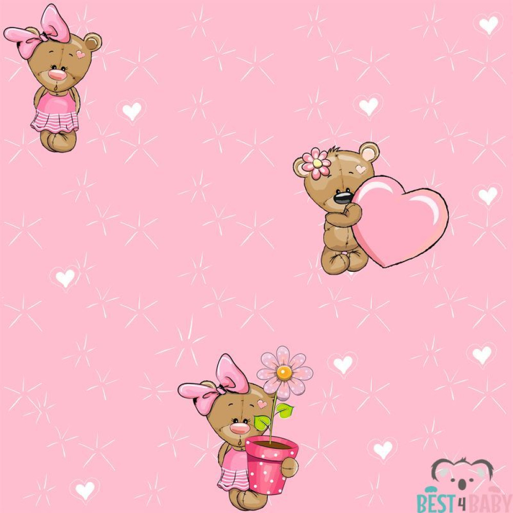 Maci szívvel, virággal, babatapéta, pink