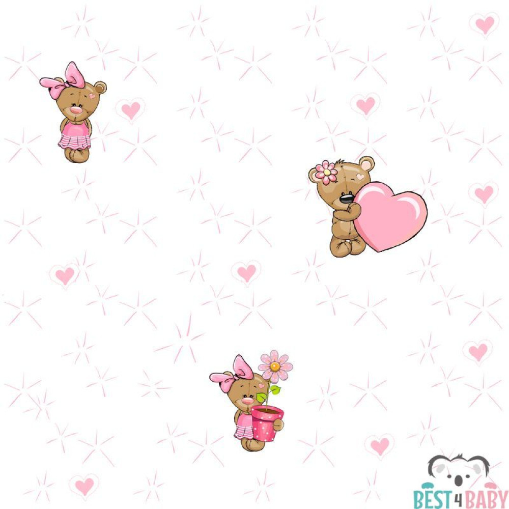 Maci szívvel, virággal, babatapéta, fehér